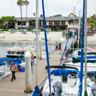 conference attendees walking around marina